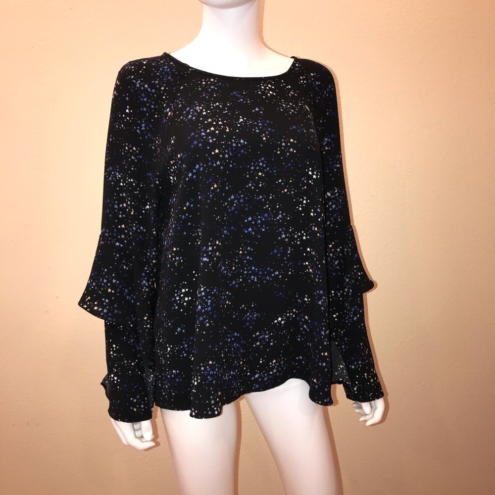 Sanctuary Moonchild Tiered Sleeve Top Size Large Stargazer Black Blue Celestial